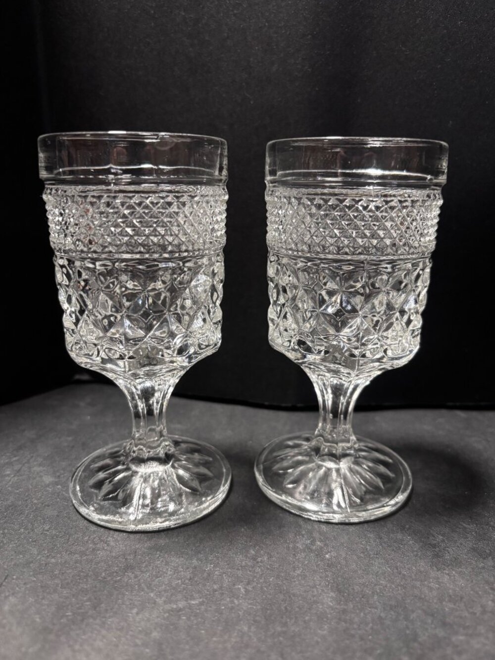 Wexford Anchor Hocking Diamond Point Glass Wine Goblets Stemware Vintage 80s
